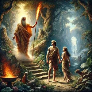 24. I tak wypędził człowieka, a po wschodniej stronie ogrodu Eden postawił cherubów i płomienisty miecz, który obracał się na wszystkie strony, aby strzec drogi do drzewa życia.