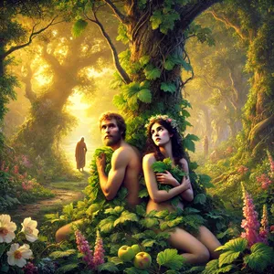 8. A gdy usłyszeli głos Pana Boga, przechadzającego się po ogrodzie w czasie powiewu wieczornego, Adam i jego żona skryli się przed Panem Bogiem pośród drzew ogrodu.