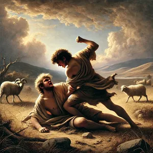 8. Potem Kain rzekł do swego brata Abla: „Chodźmy na pole”. A gdy byli na polu, Kain rzucił się na swego brata Abla i zabił go.