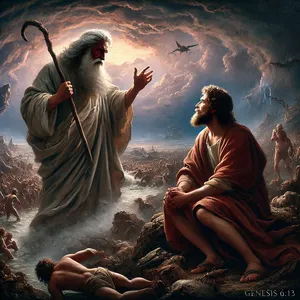 13. I rzekł Bóg do Noego: „Postanowiłem położyć kres wszystkiemu, co ma ciało, bo ziemia przez nich pełna jest nieprawości; zniszczę ich wraz z ziemią.